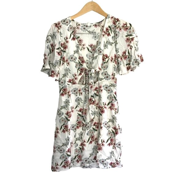 COTTON CANDY LA WOMENS WHITE FLORAL MINI DRESS SHORT SLEEVE TYE FRONT SIZE SMALL - Picture 3 of 9